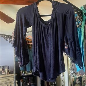 Navy Blue Women's Top with Embroidered Sleeves FINAL PRICE
